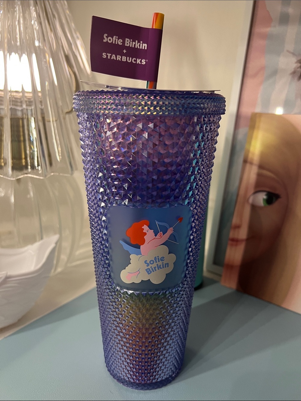 Starbucks Purple Studded Reusable Tumbler with Rainbow Straw Flag